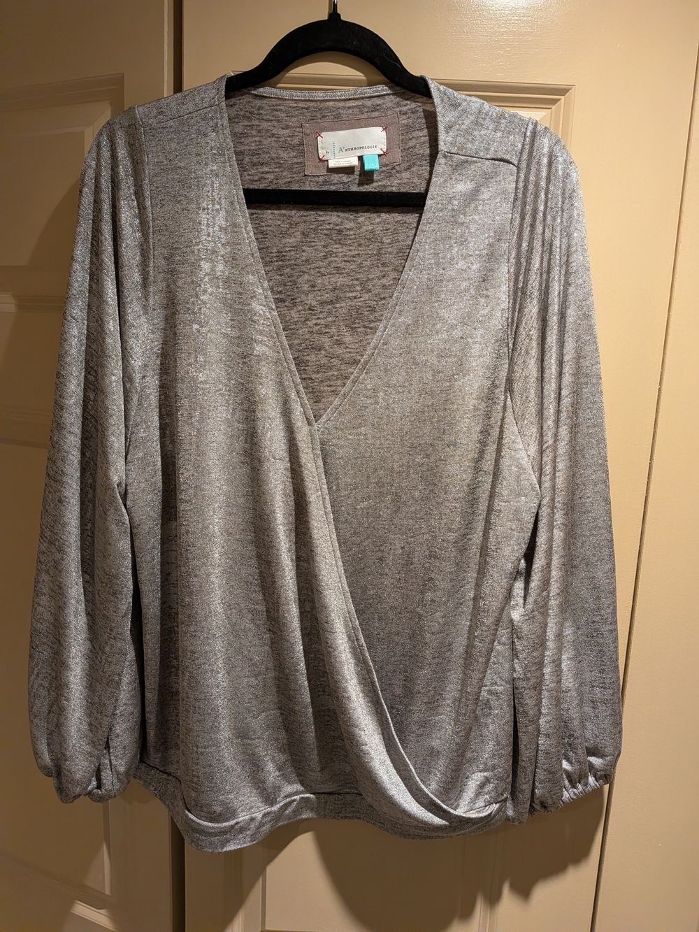 Anthropologie Shimmery Metallic Silver Gray Knit Top with Teal Size Tab 1X